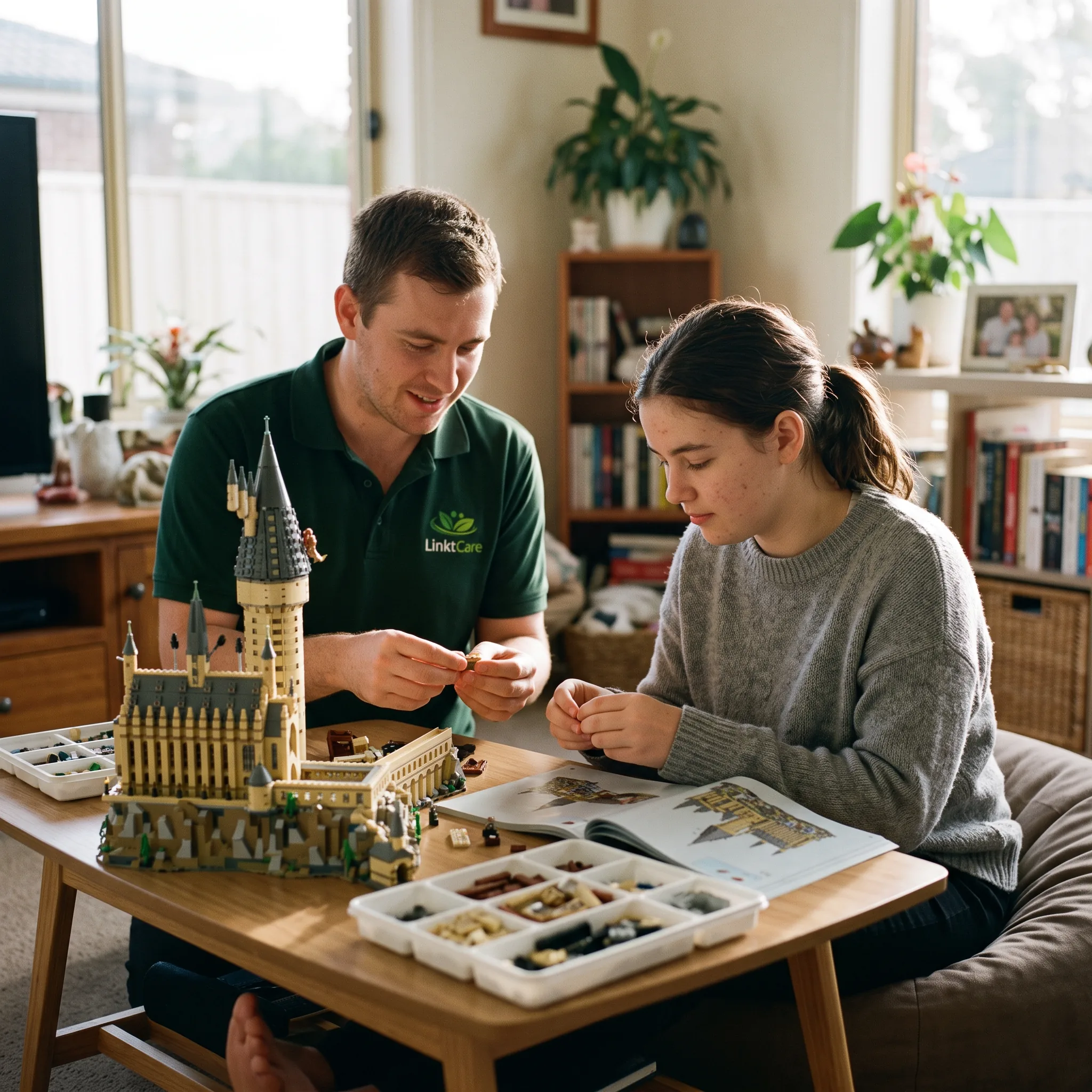 Support worker and participant working on a puzzle activity at home