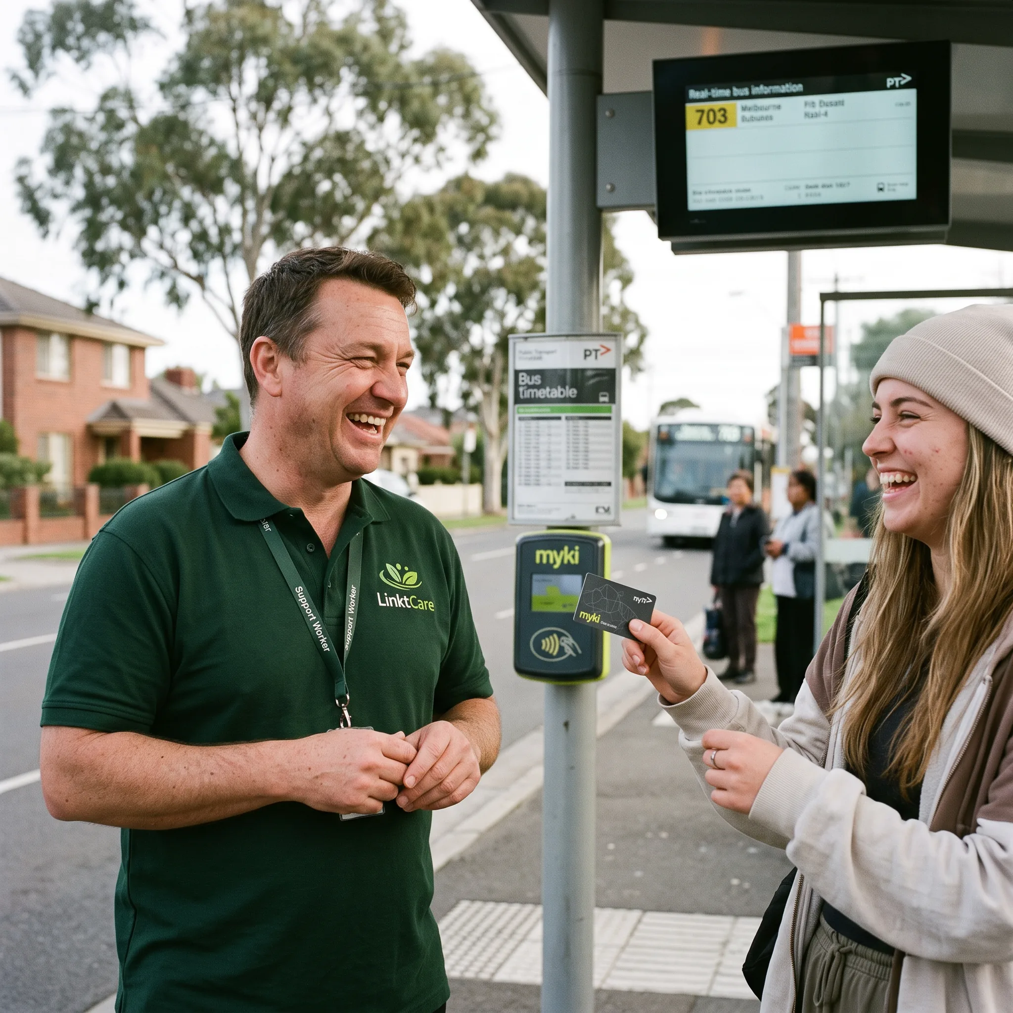 Support worker helping a participant use public transport