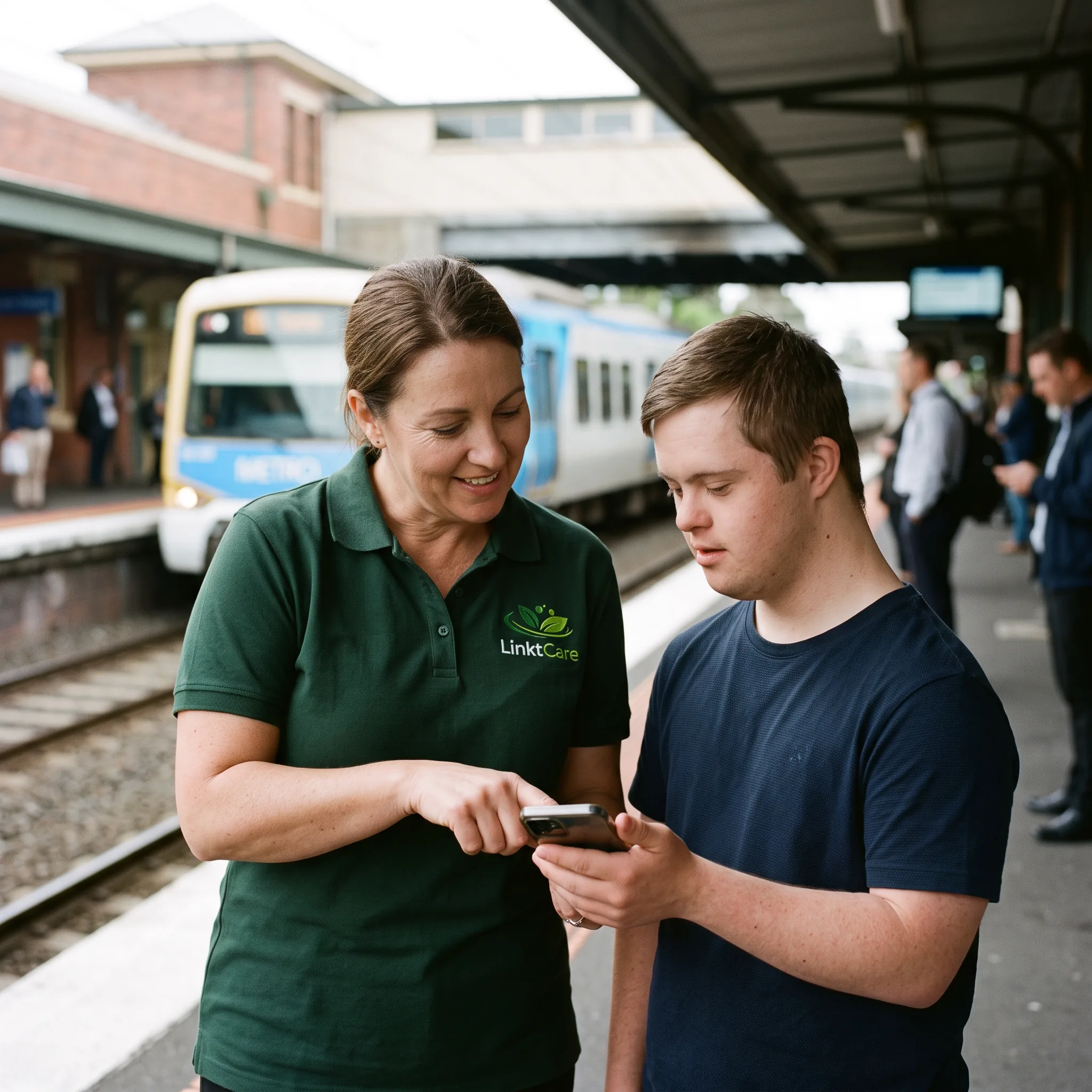 Travel training with a participant at the train station